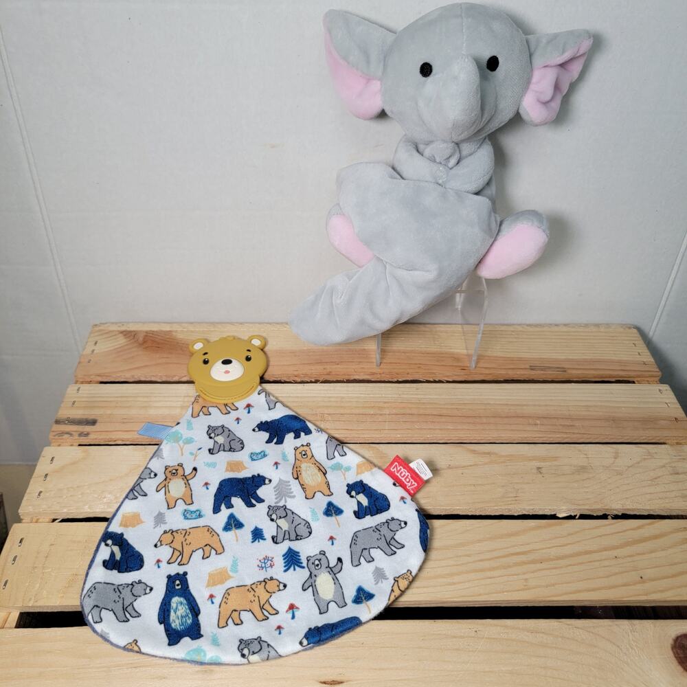 Set of 2 Infant Toys: Elephant Plush & Nuby Blankie w/ Silicone Bear Teether